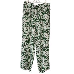 Jane + Delancey Wide Leg Pants Women Large Green White Palm Drawstring Tropical
